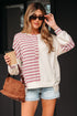Colorblock Striped Patchwork Henley Pullover Top Exposed-Seam Drop-Shoulder